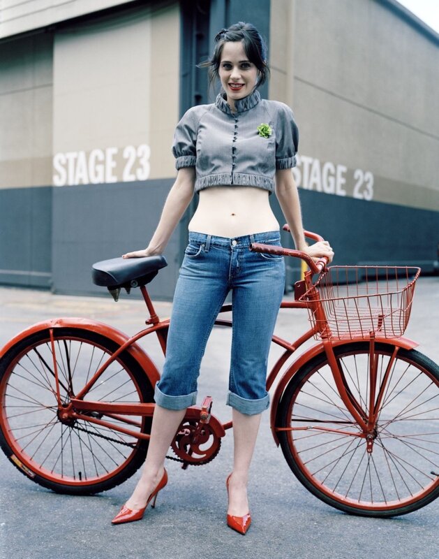woman with red bicycle