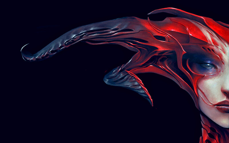 Woman with Red Biomechanical Features