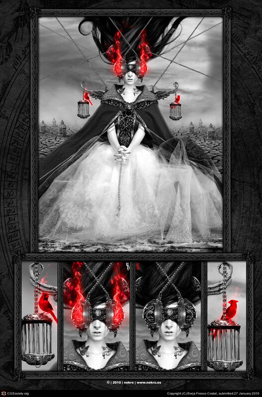 woman with red bird cages