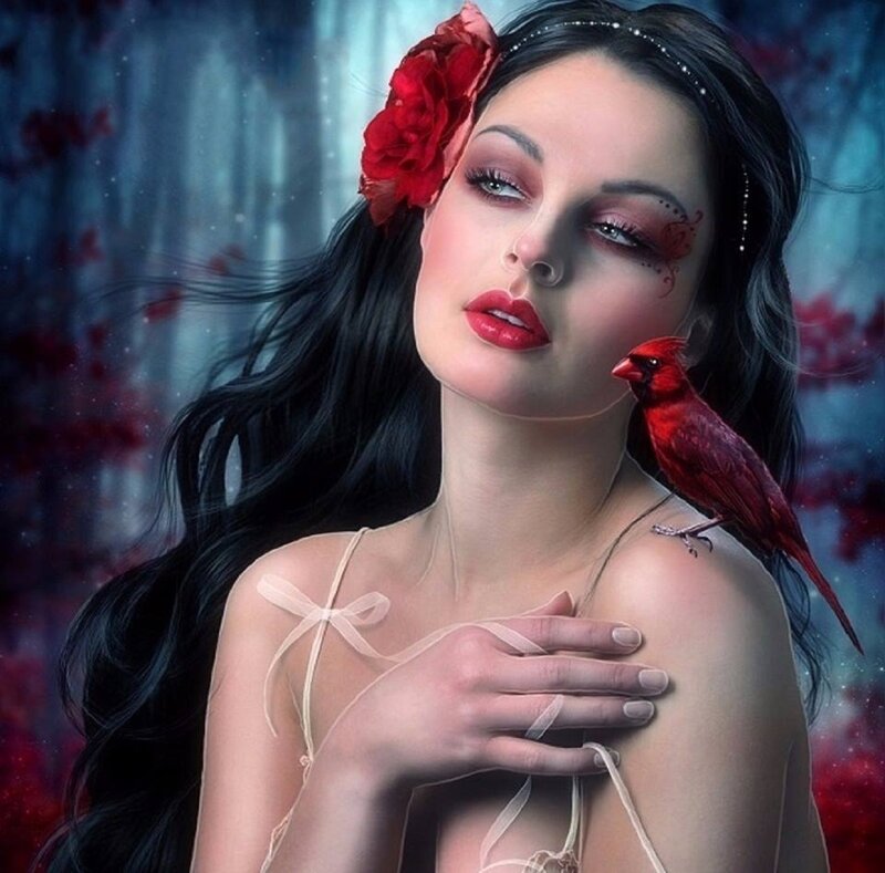 Woman with Red Bird — Dramatic, Night