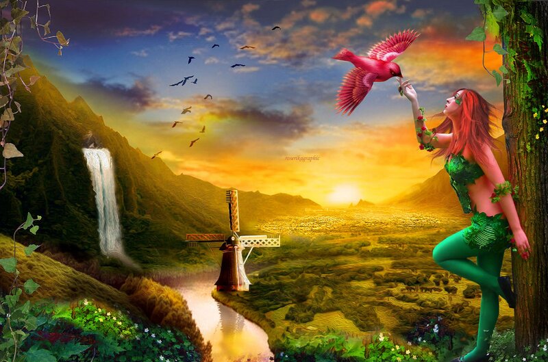 Woman with Red Bird — Green