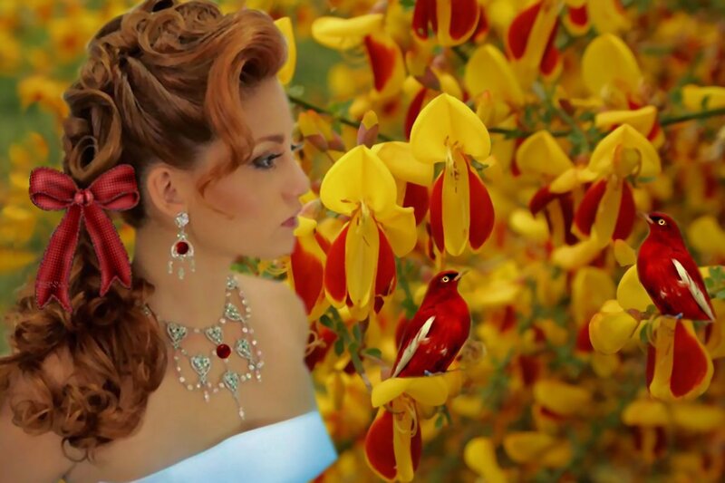 Woman with Red Birds — Yellow