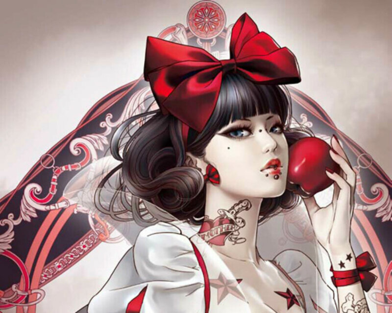 Woman with Red Bow — Dramatic, Digital Art, Red Apple