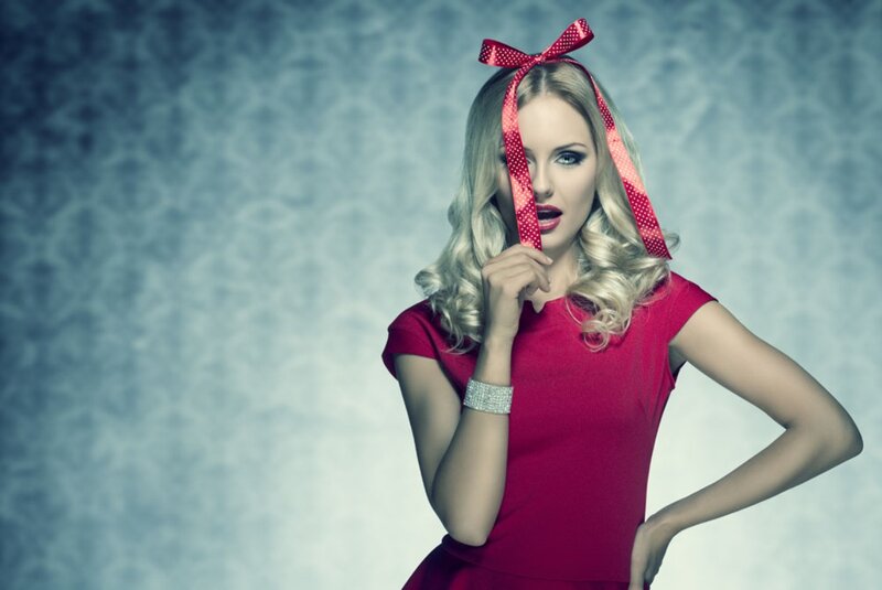 Woman with Red Bow — Dramatic, Photograph, Red Dress