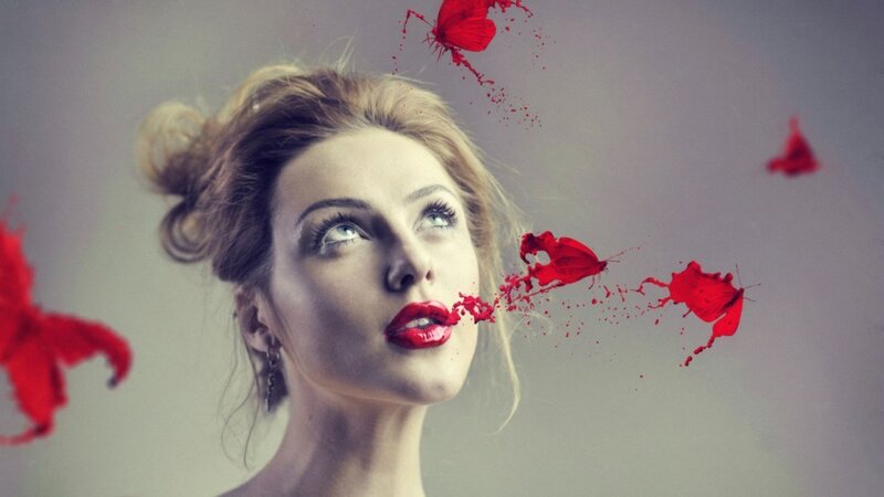 Woman with Red Butterflies — Dramatic, Photograph