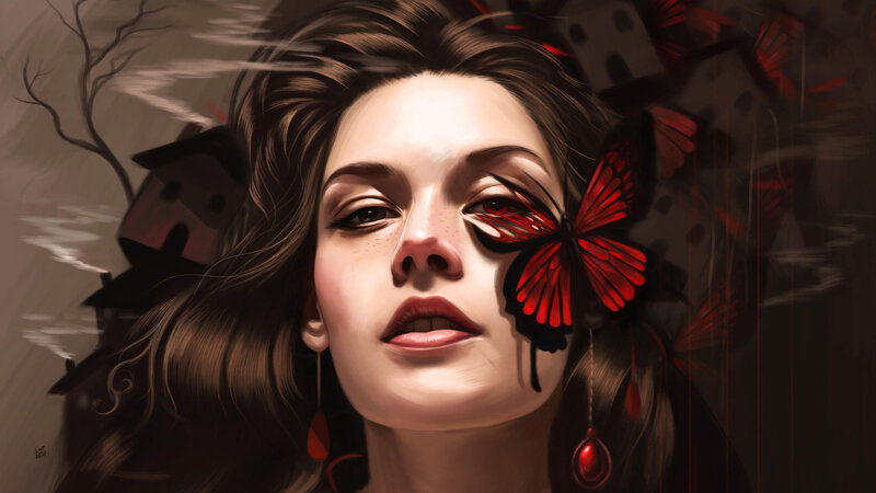 Woman with Red Butterfly — Dramatic, Night