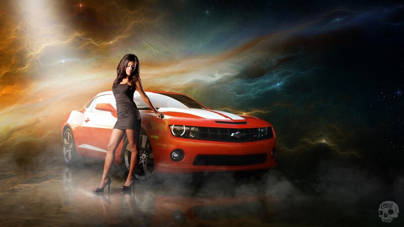 Woman with Red Car — Dramatic, Digital Art