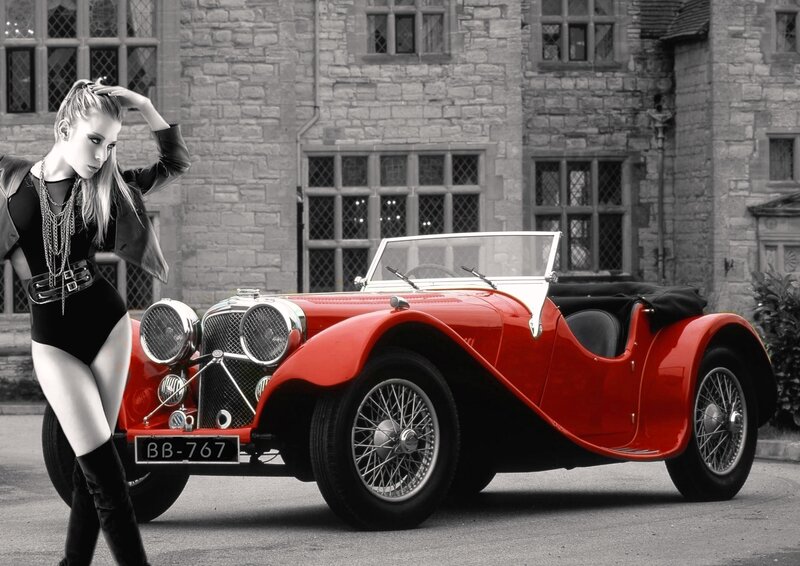 Woman with Red Car — Dramatic, Photograph, Building