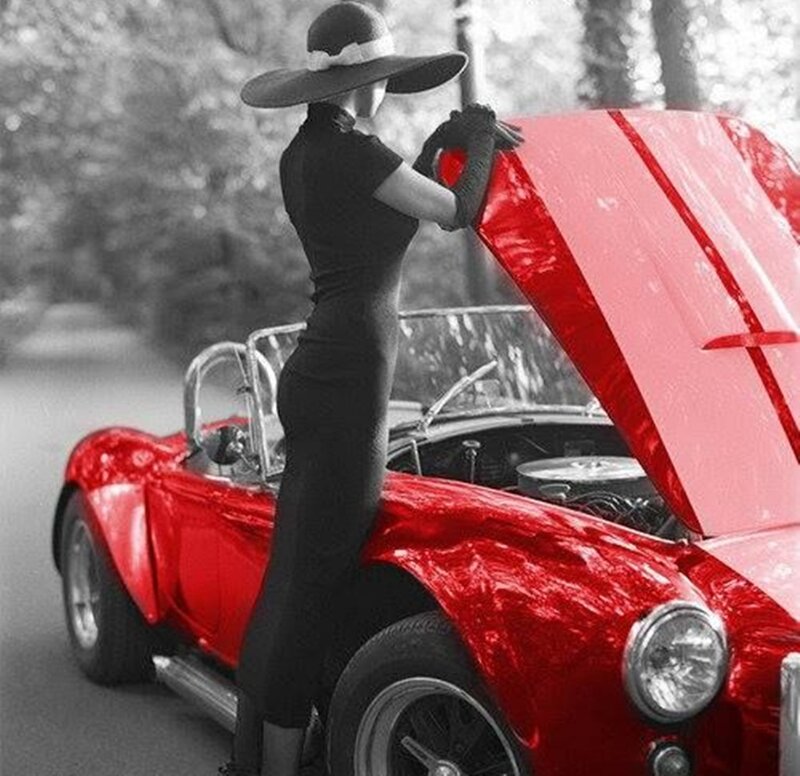 Woman with Red Car — Dramatic, Photograph, Hat