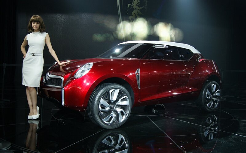 Woman with Red Car — Dramatic, Photograph, Model
