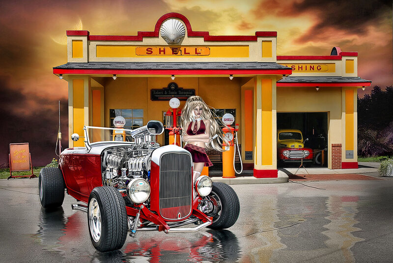 Woman with Red Car — Dramatic, Sunset