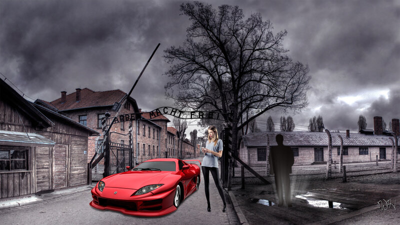 Woman with Red Car — Dramatic, Winter