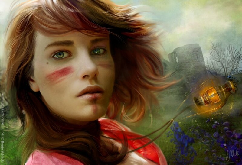 woman with red cheeks and lantern
