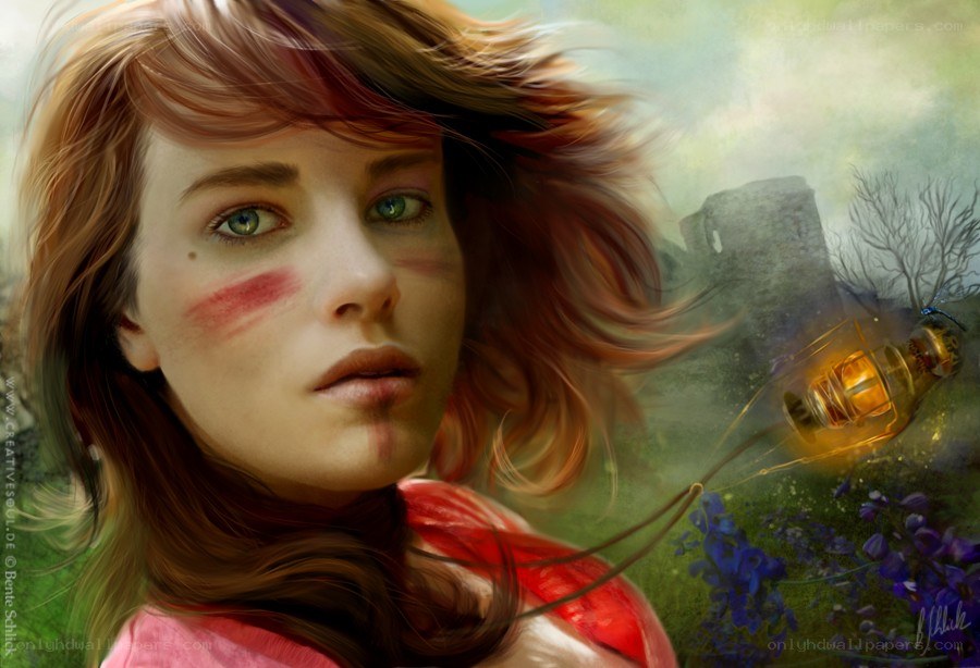 woman with red cheeks and lantern