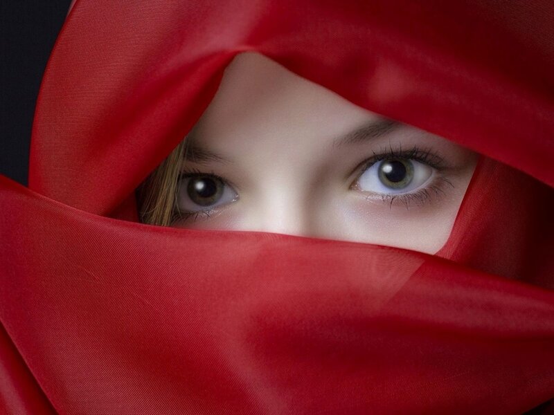 Woman with Red Cloth — Dramatic, Photograph