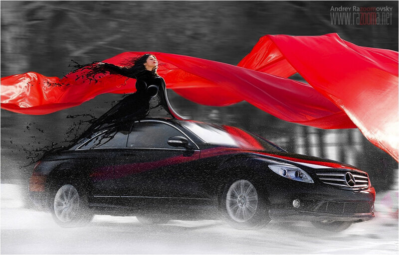 woman with red cloth on car