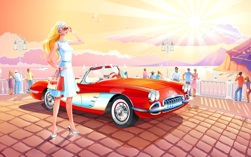 Woman with red convertible car