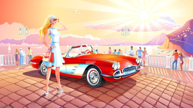 Woman with red convertible car