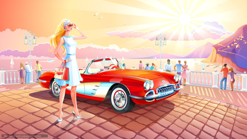Woman with red convertible car