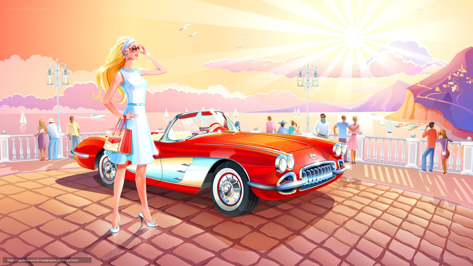 Woman with red convertible car