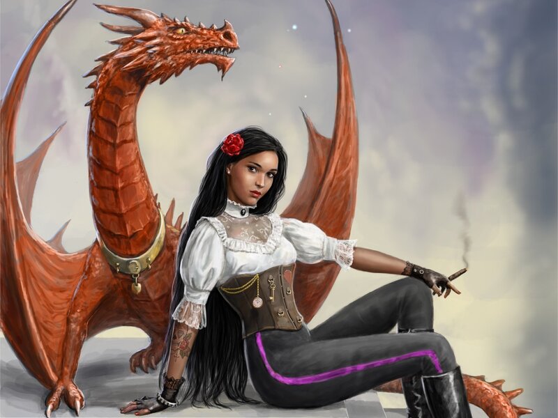 Woman with Red Dragon — Dramatic, Digital Art, Cigarette