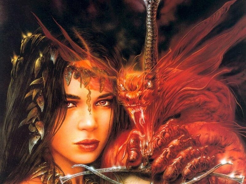 Woman with Red Dragon — Dramatic, Digital Art, Crown, Sword