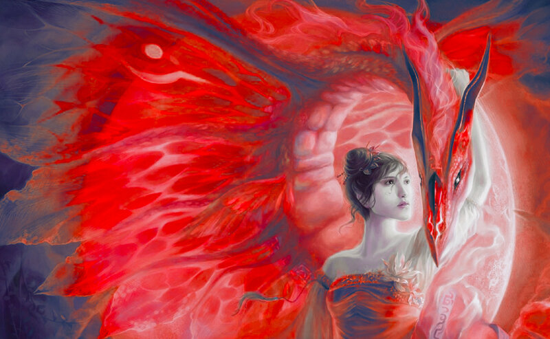 Woman with Red Dragon — Dramatic, Digital Art, Fire