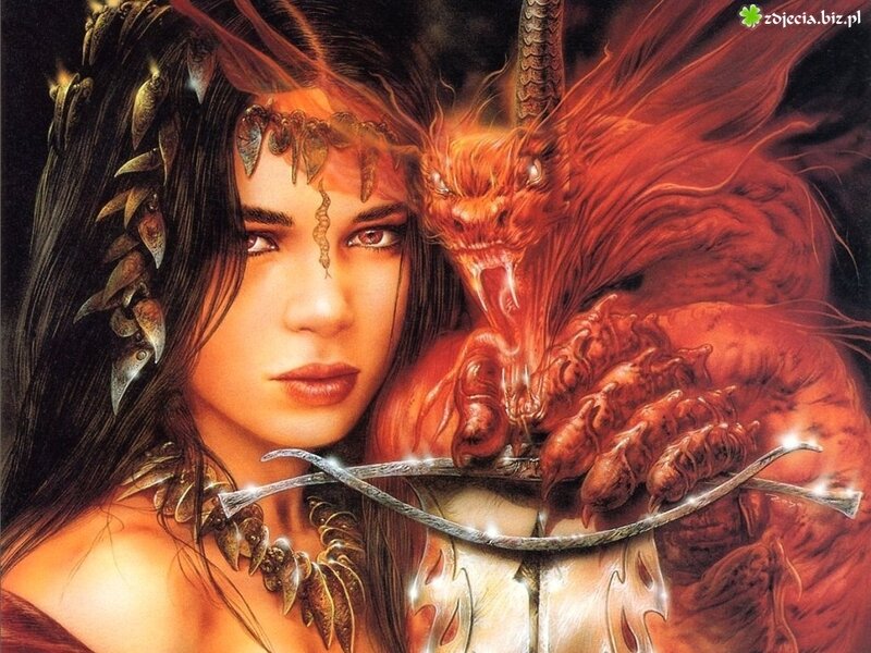 Woman with Red Dragon — Dramatic, Digital Art, Sword