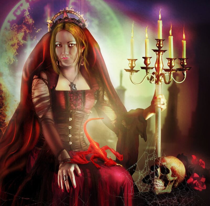 Woman with Red Dragon — Dramatic, Night, Digital Art, Candlestick