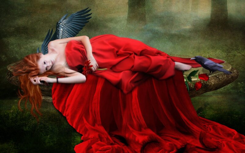 Woman with Red Dress — Dramatic, Digital Art, Angel Wings