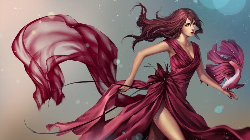 Woman with Red Dress — Dramatic, Digital Art, Fish