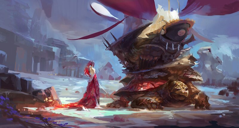 Woman with Red Dress — Dramatic, Digital Art, Giant Turtle