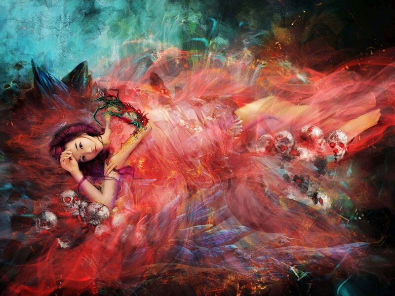Woman with Red Dress — Dramatic, Digital Art, Skulls