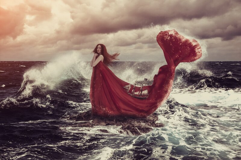 Woman with Red Dress — Dramatic, Sunset