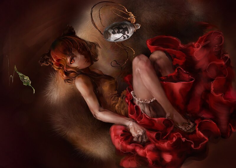 woman with red dress lying down