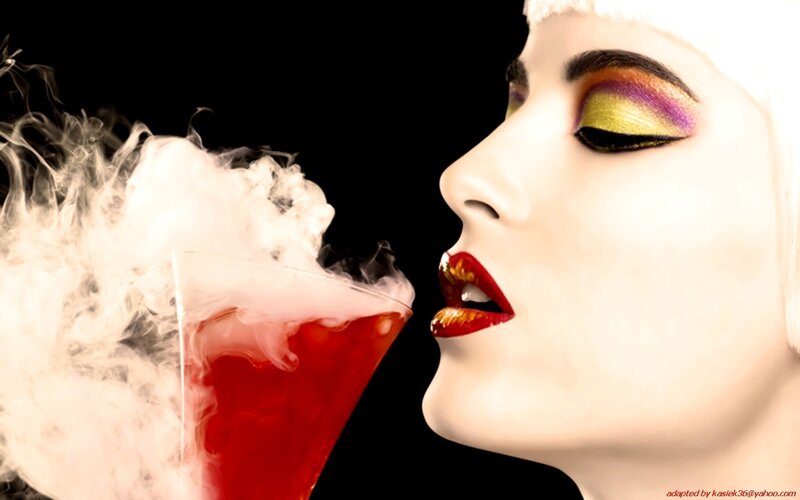 woman with red drink and smoke