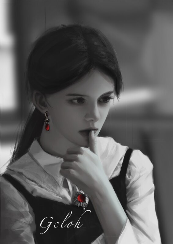 Woman with Red Earring — Black, Contemplative