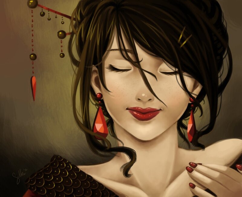 Woman with Red Earrings — Brown, Serene