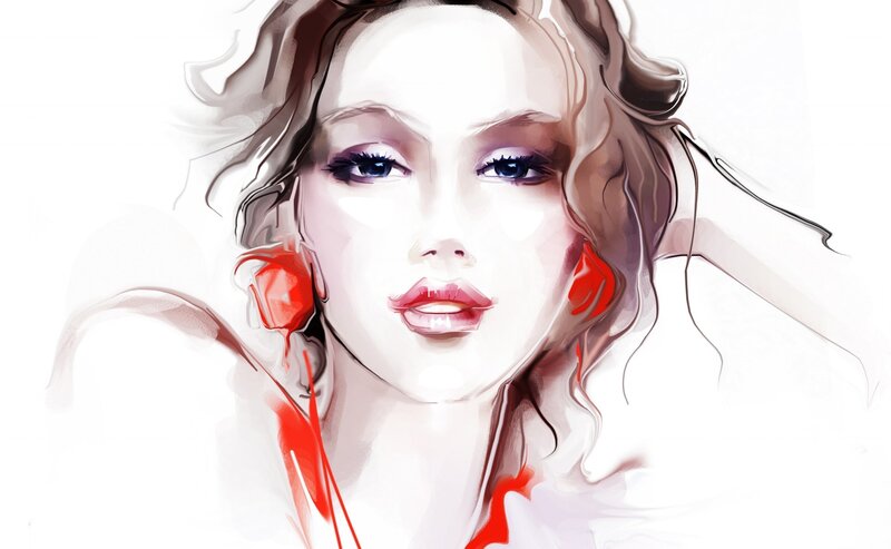 Woman with Red Earrings — White, Dramatic, Digital Art