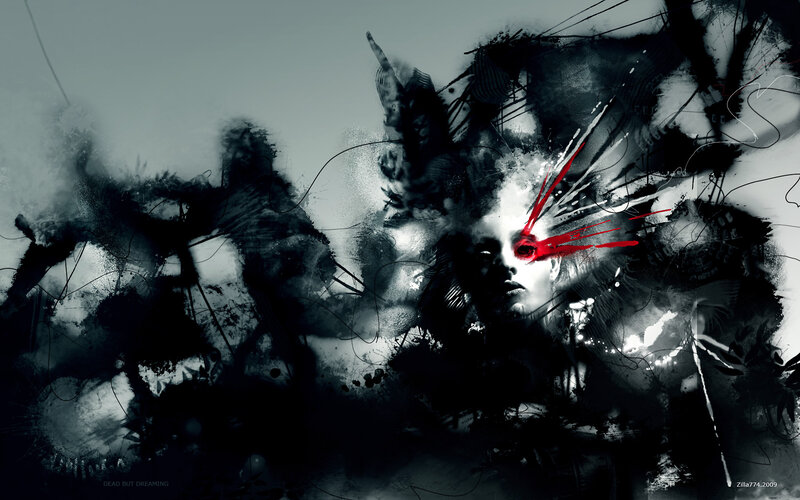 Woman with Red Eye — Black, Dramatic, Digital Art, Face