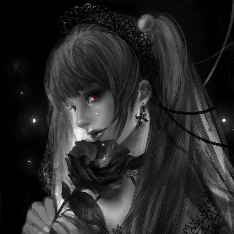 Woman with Red Eye — Black, Dramatic, Night