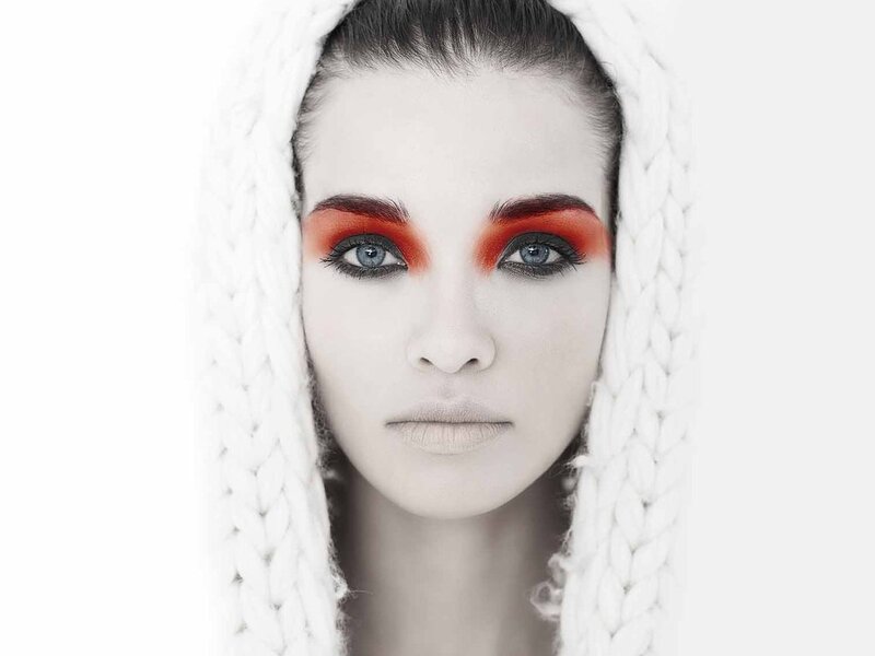 Woman with Red Eye Makeup — White