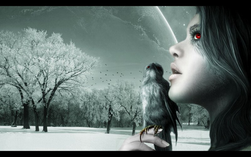 woman with red-eyed bird