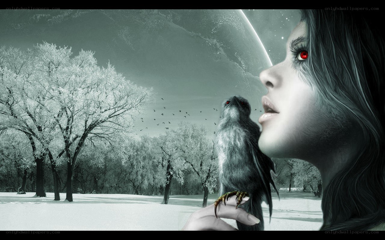 woman with red-eyed bird