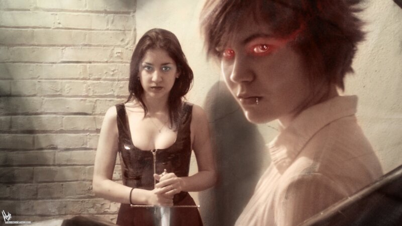 woman with red-eyed figure