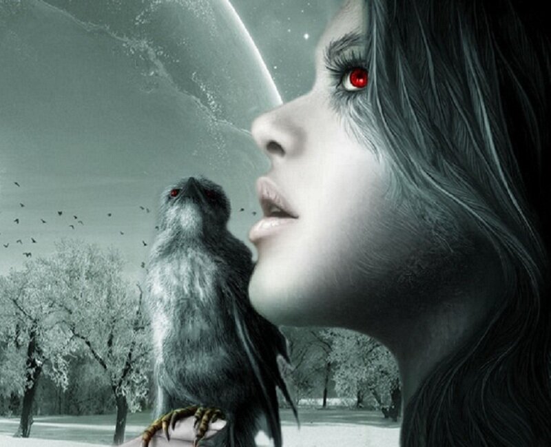 woman with red eyes and bird