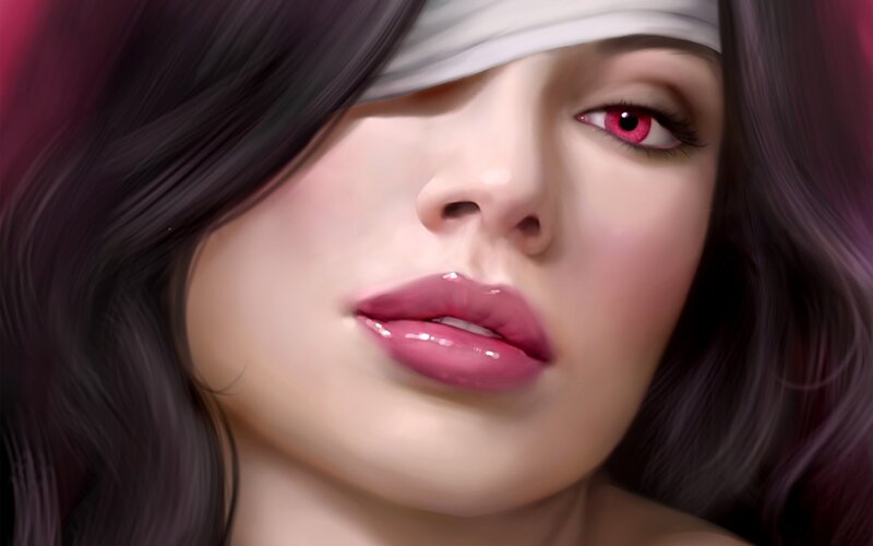 woman with red eyes and blindfold