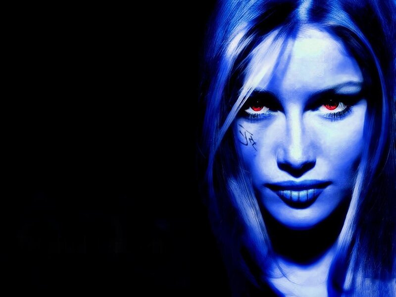 woman with red eyes and blue lighting