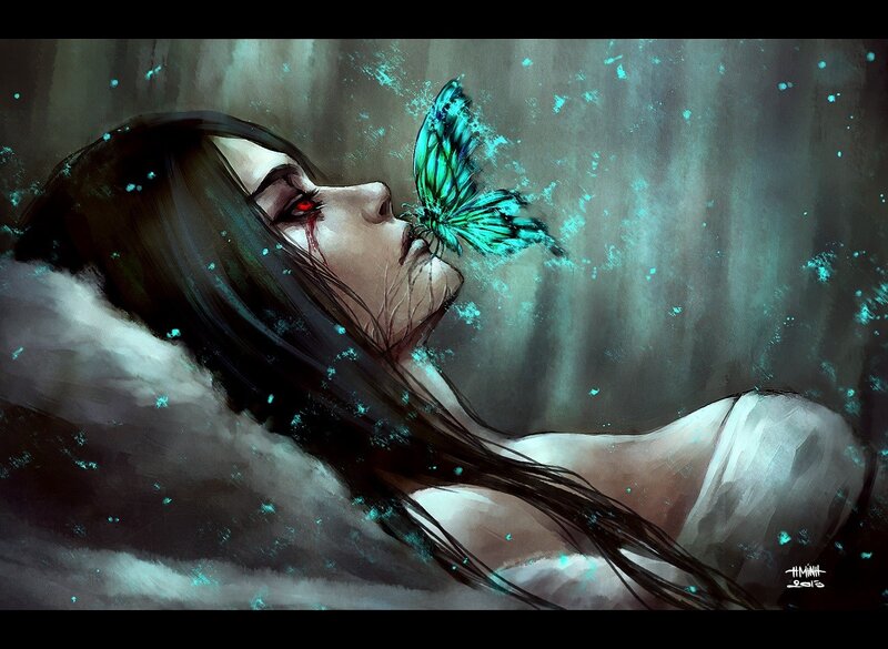 woman with red eyes and butterfly