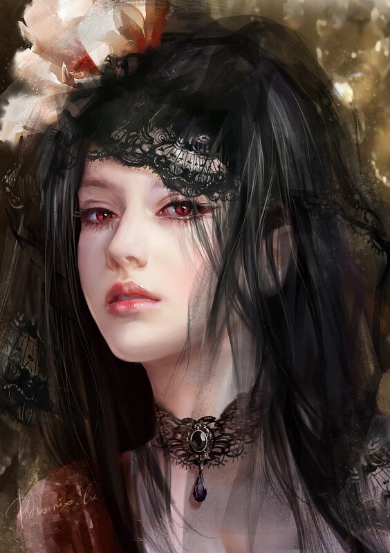 woman with red eyes and lace